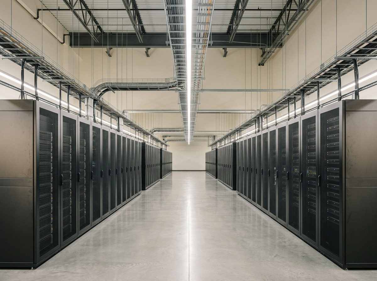 Data and operations facility interior with rows of server infrastructure