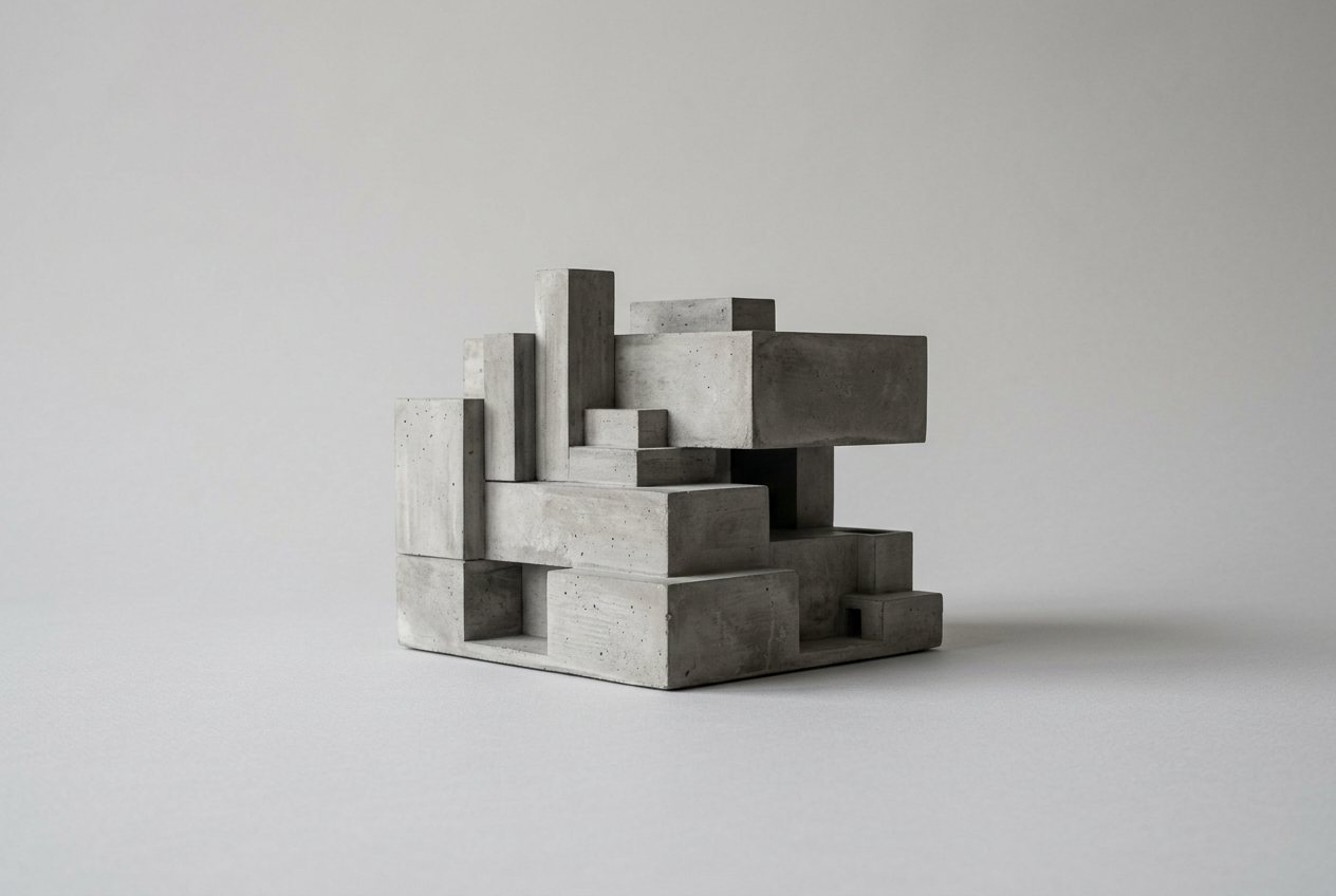 Concrete architectural massing model representing structured operating systems