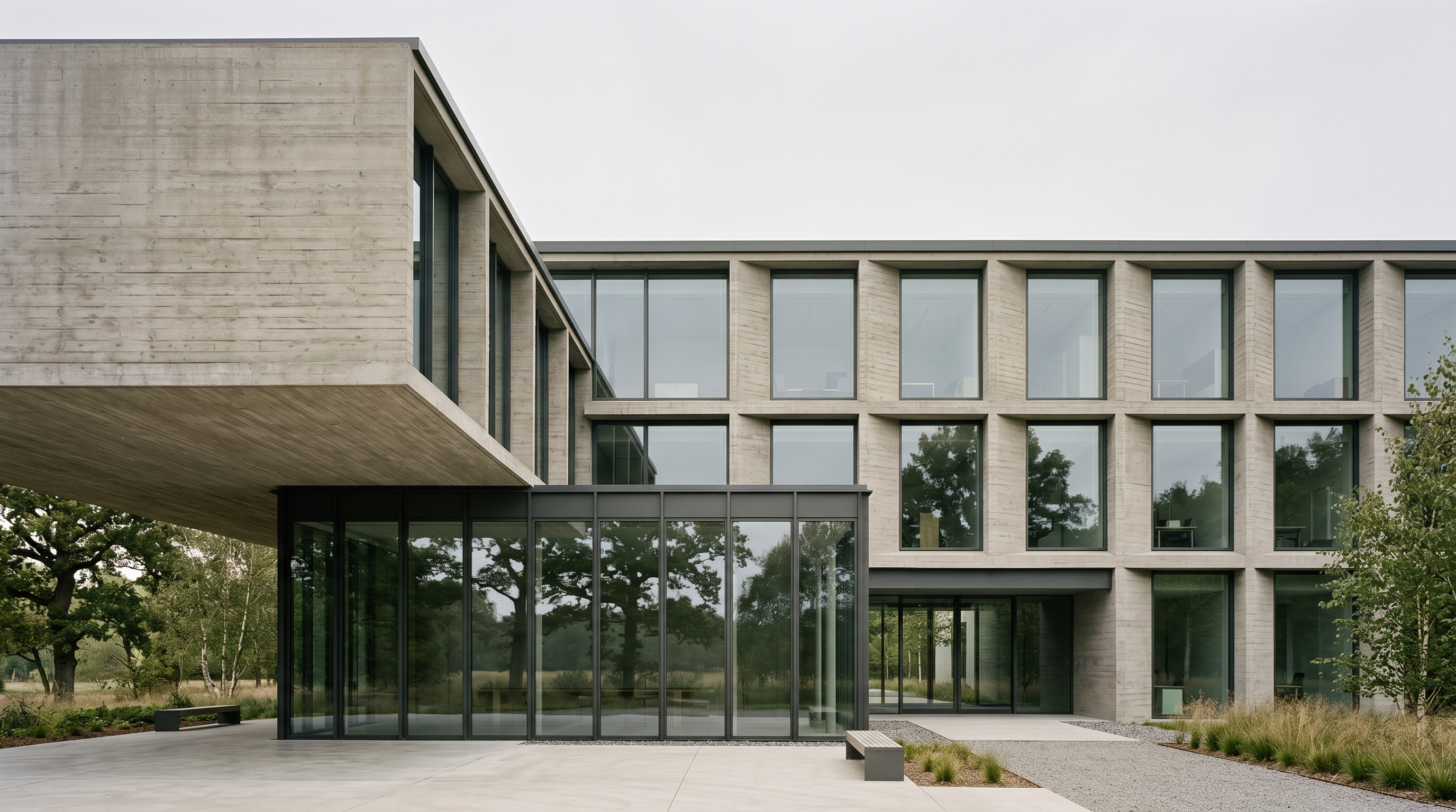 Modern enterprise headquarters facade in board-formed concrete and glass