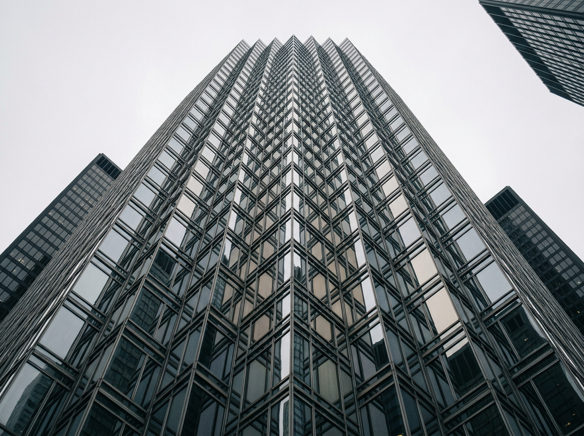 Low-angle view of a modern financial-district glass tower