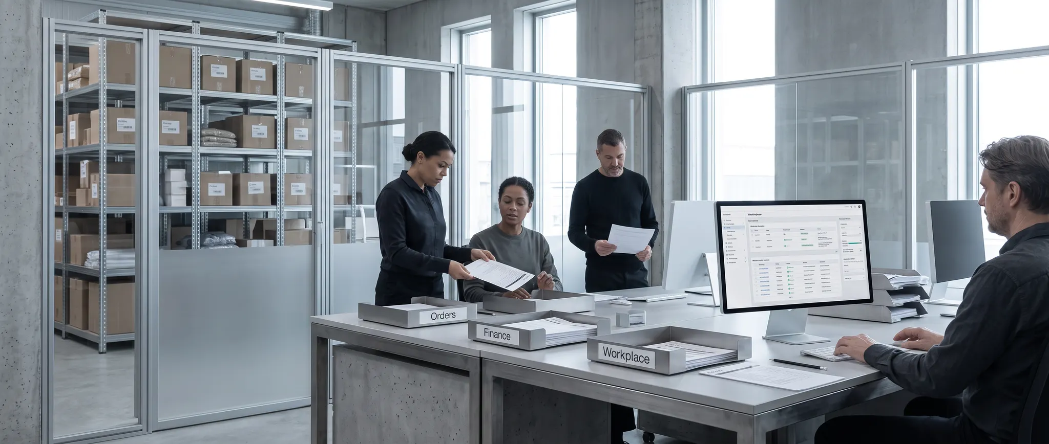 Illustrative operations station connecting orders, finance, and workplace handoffs