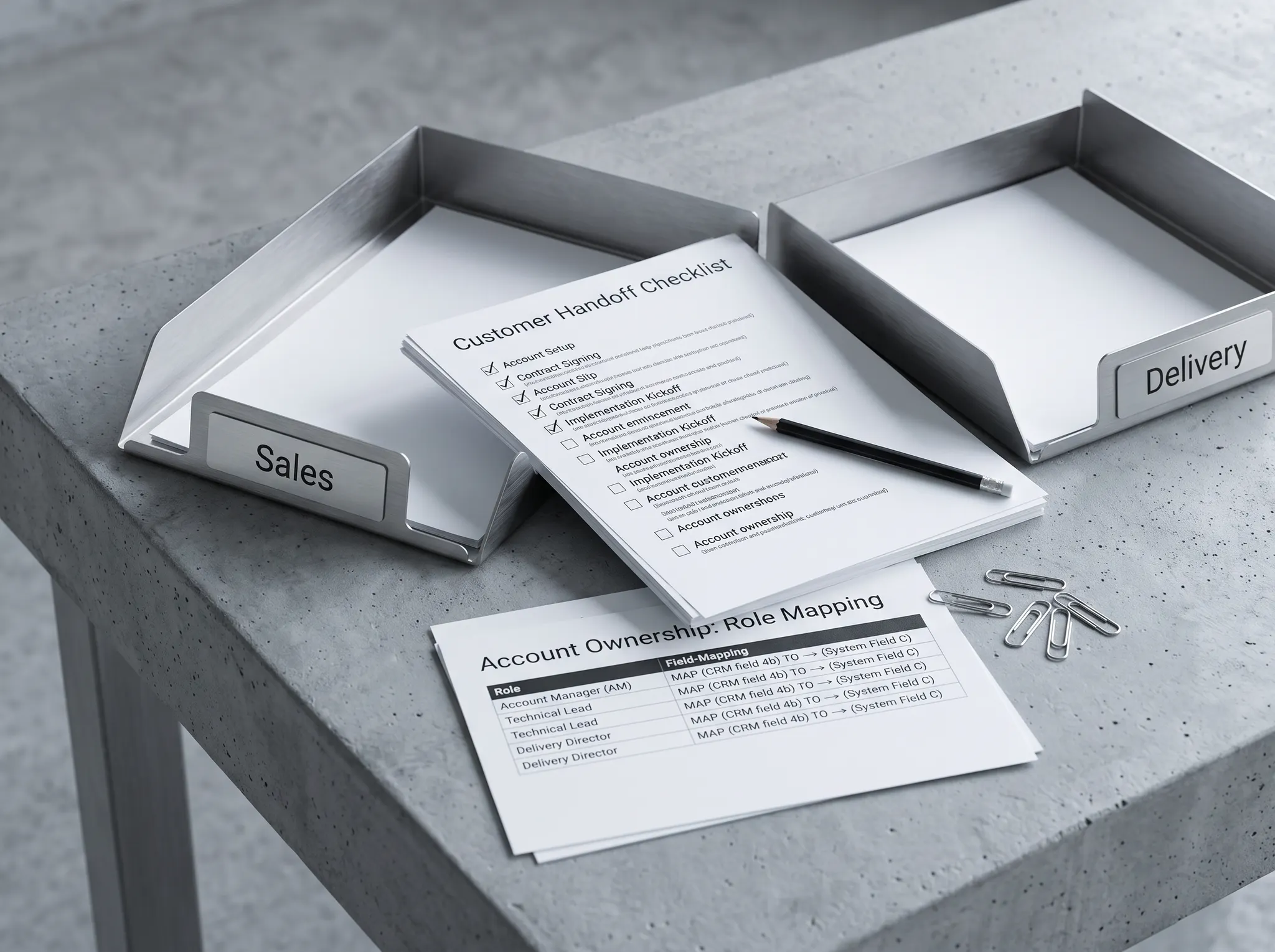 Illustrative customer handoff checklist between sales and delivery document trays