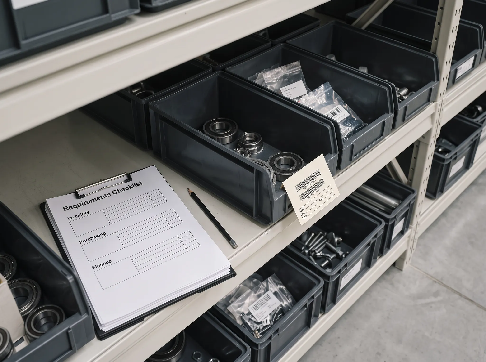 Illustrative ERP requirements checklist beside inventory bins and component records