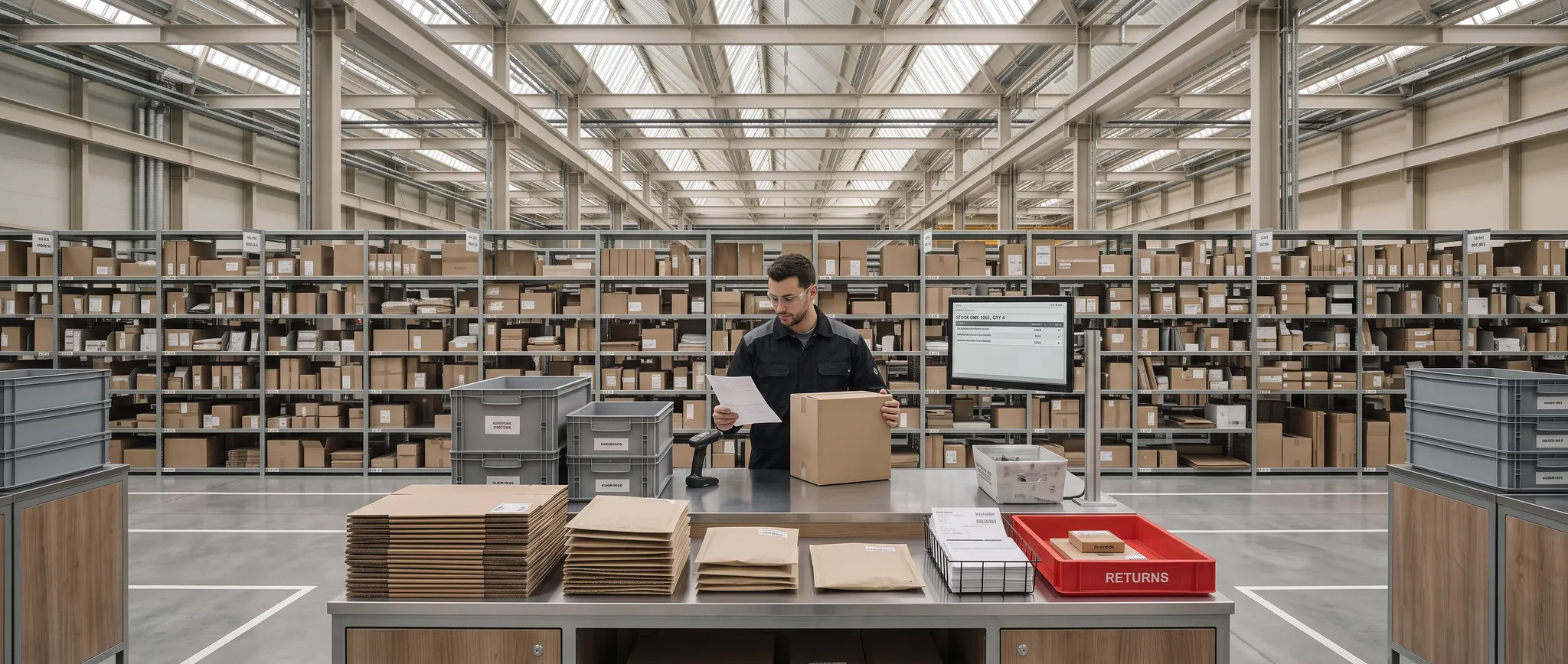 Illustrative consumer fulfilment bench with inventory checks, order tickets, packaging, and returns