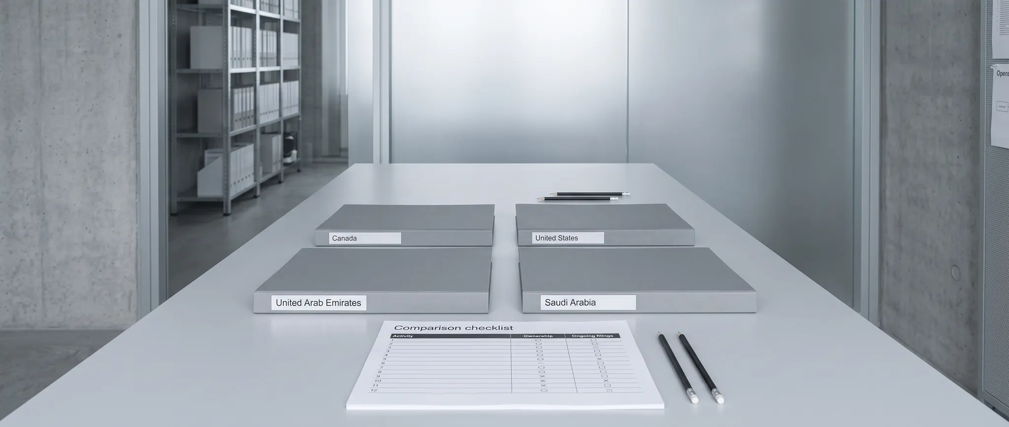 Illustrative jurisdiction review with Canada, United States, United Arab Emirates, and Saudi Arabia requirement folders
