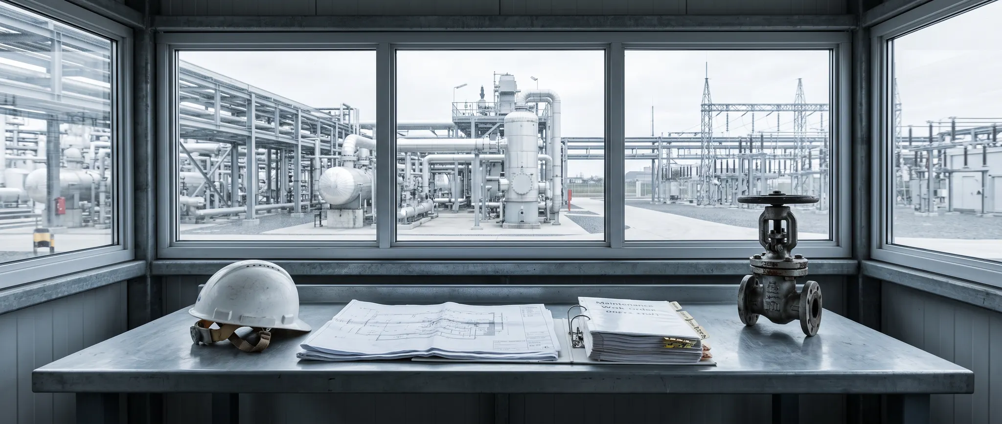 Illustrative energy-facility planning station with engineering drawings, maintenance work orders, and a valve