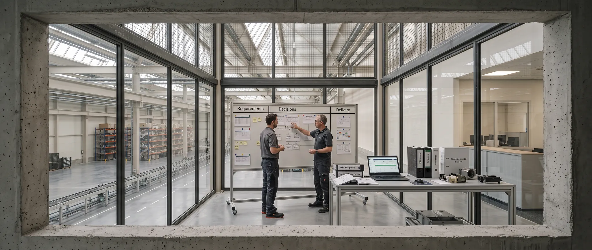 Illustrative operational project room linking requirements, decisions, and implementation delivery