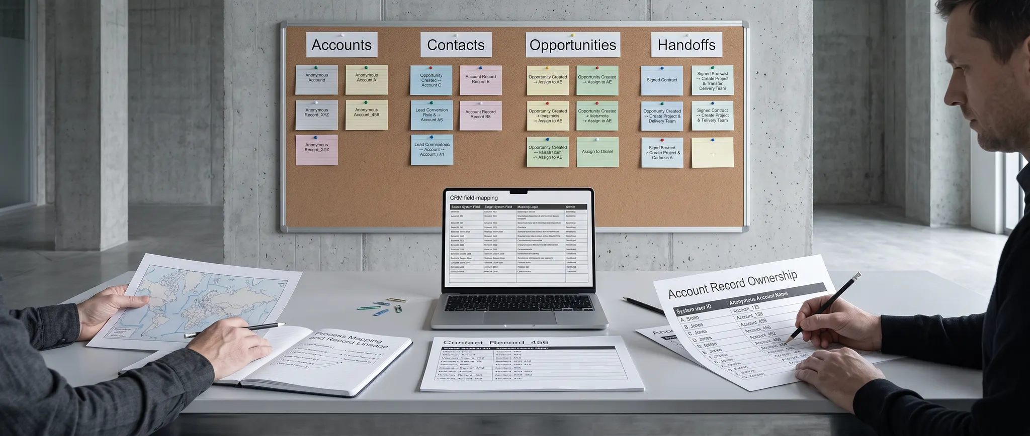 Illustrative customer-record review with account ownership, opportunity workflows, and delivery handoffs