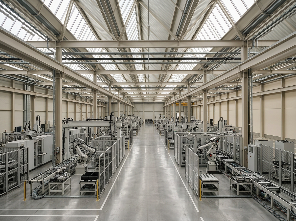 Modern advanced-manufacturing plant interior with ordered production lines
