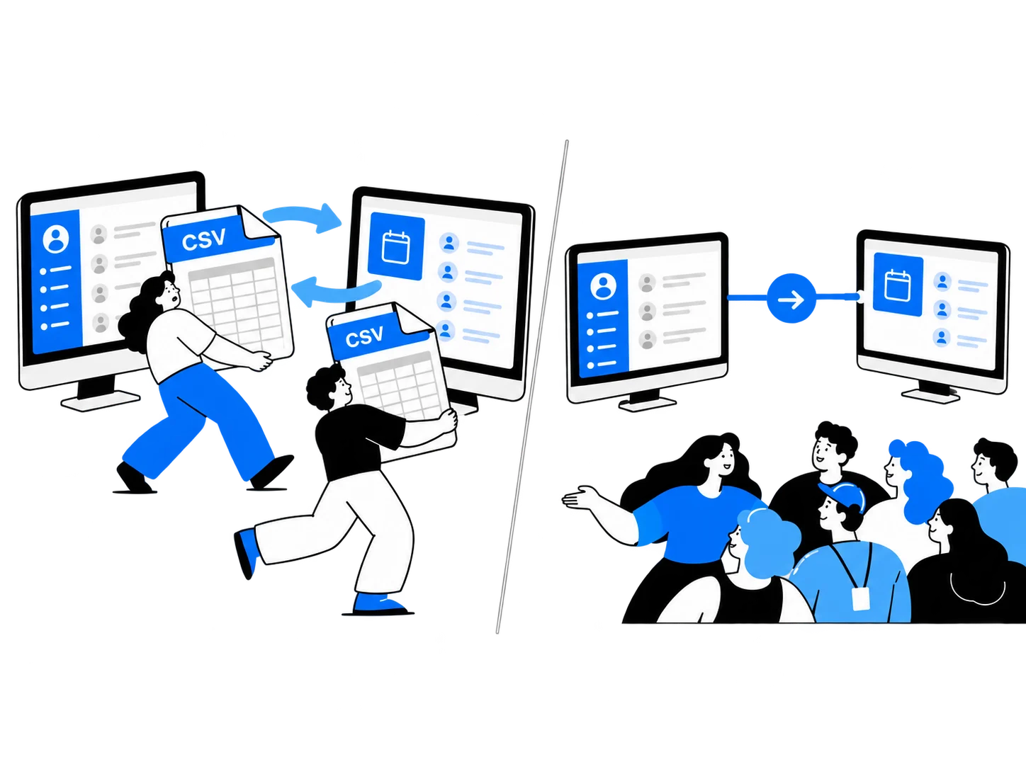 People carrying CSV files between computers, next to two computers connected directly while event guests gather