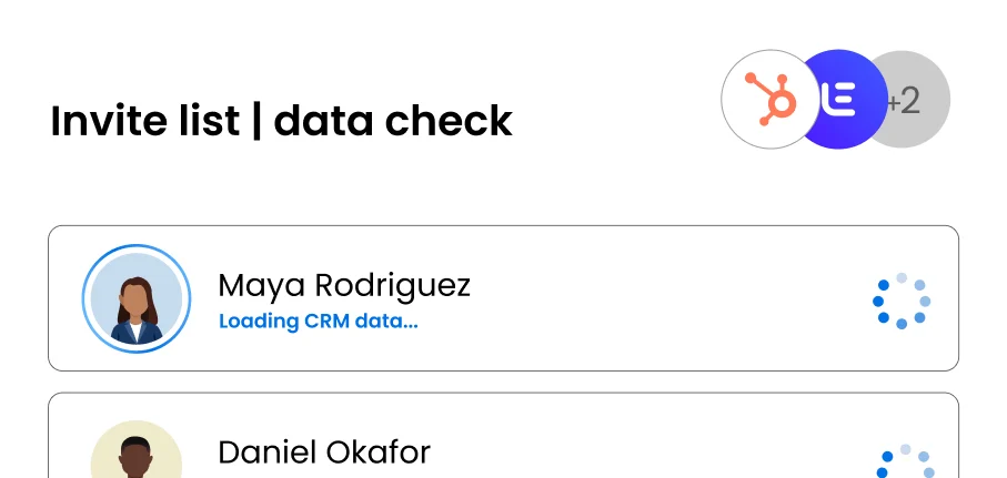 EpochX invite list data check loading CRM data for each guest, with HubSpot connected