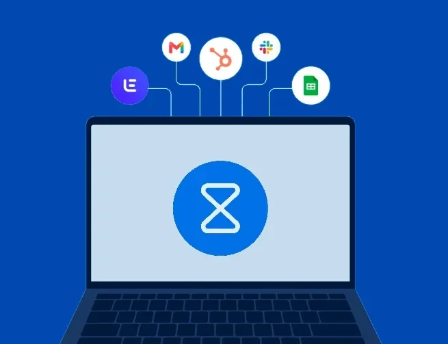 A laptop running Epoch, connected to HubSpot, Gmail, Slack, and Google Sheets