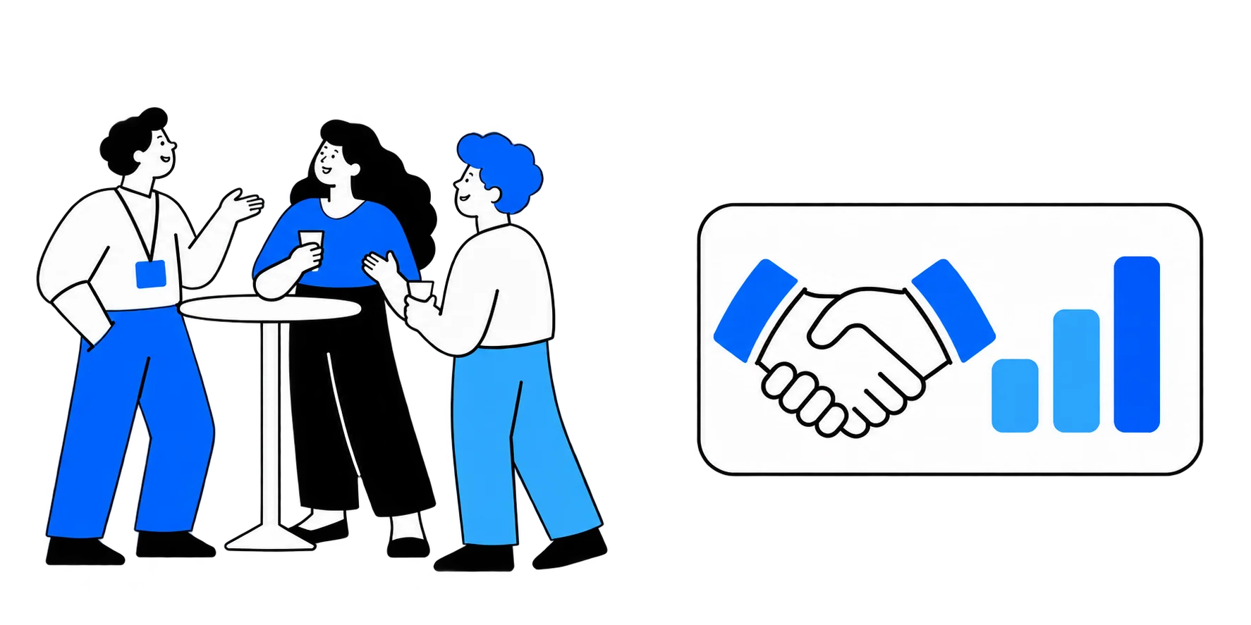 Event guests talking at a cocktail table beside a handshake and a rising pipeline bar chart