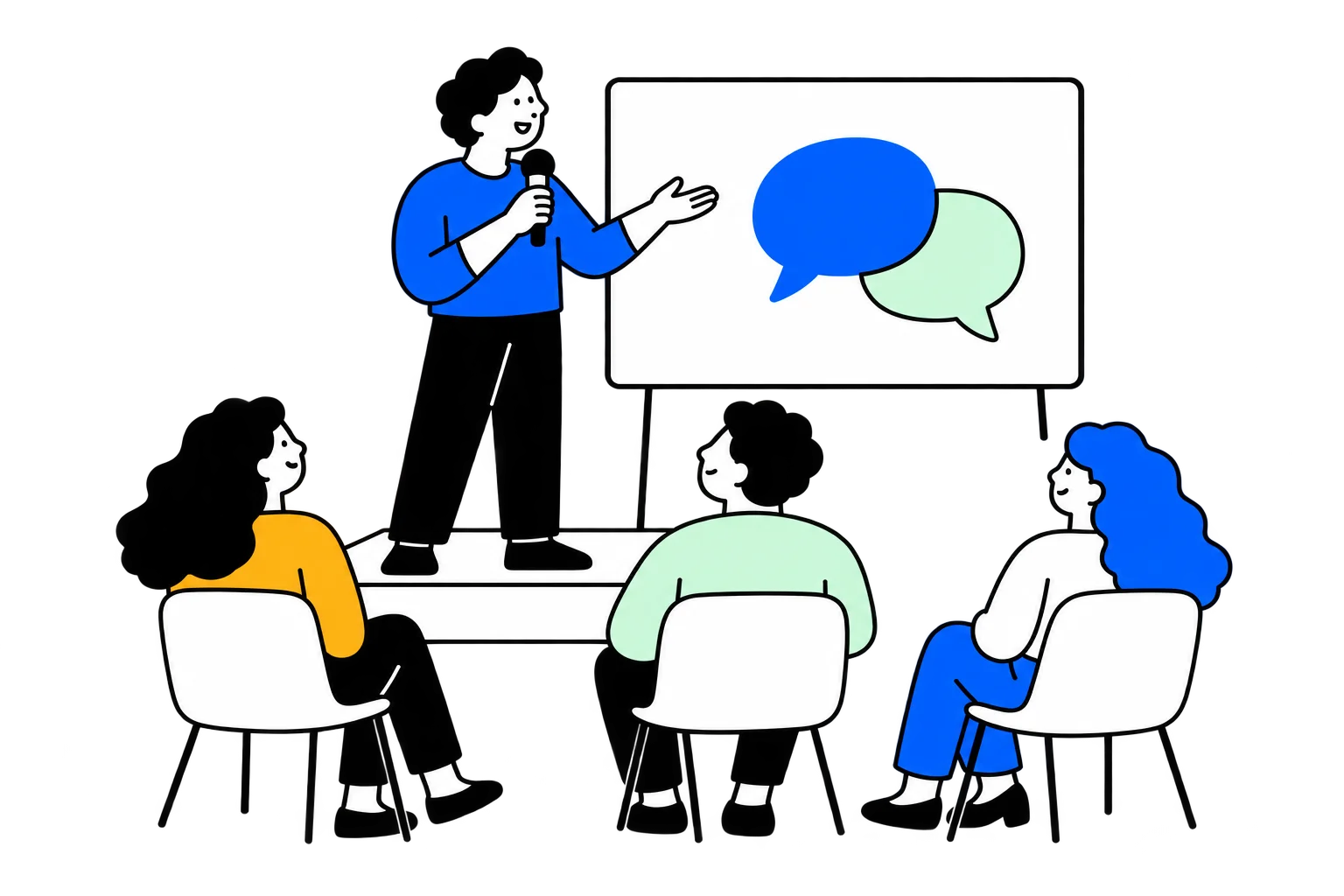 A speaker with a microphone presenting to three seated customers at a summit session