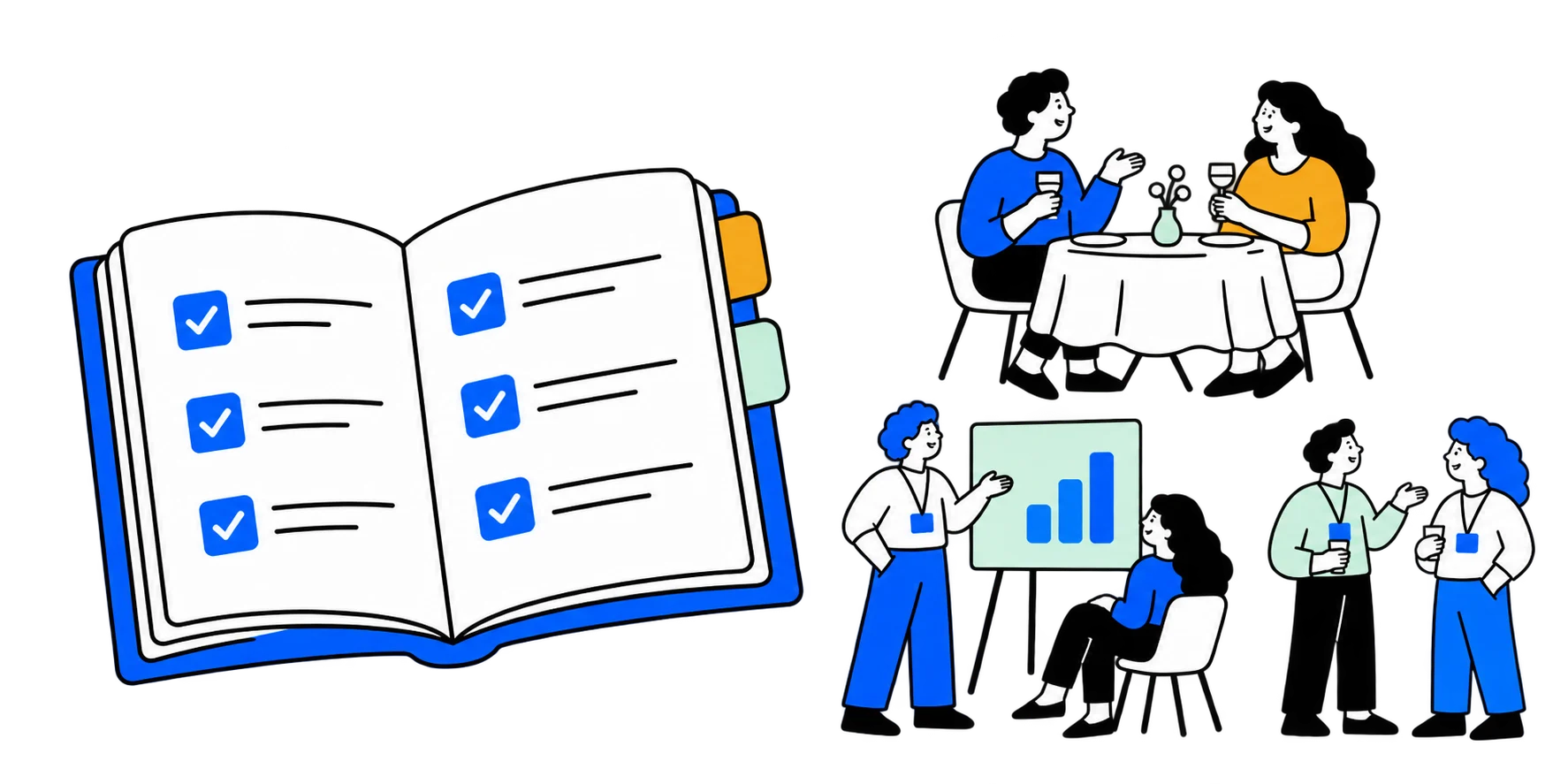An open event playbook checklist beside an executive dinner, a presentation, and a networking conversation