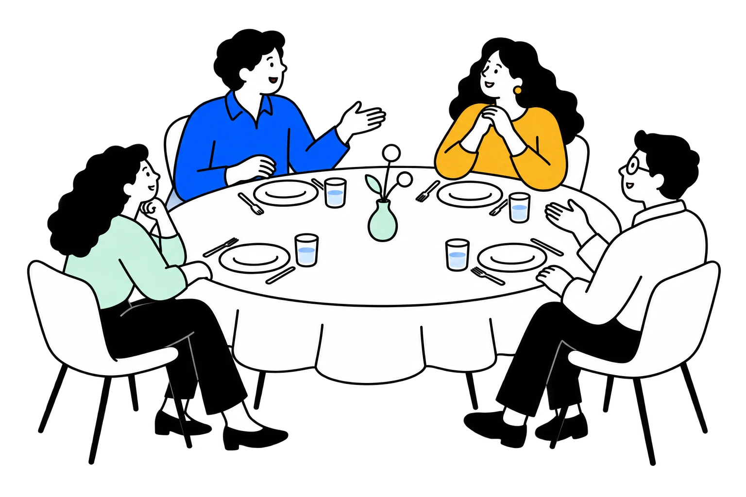 Four executives in conversation around a round dinner table
