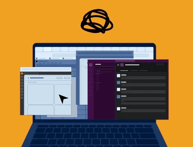 A laptop buried under cluttered spreadsheets, inboxes, and chat windows