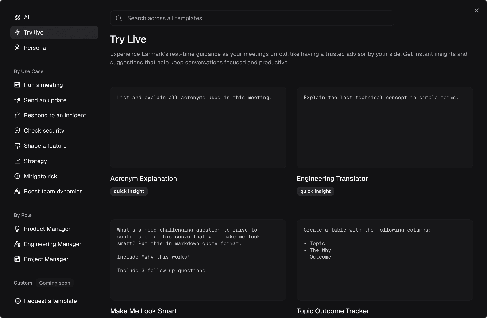 Earmark app showing its live meeting template library for product and engineering teams
