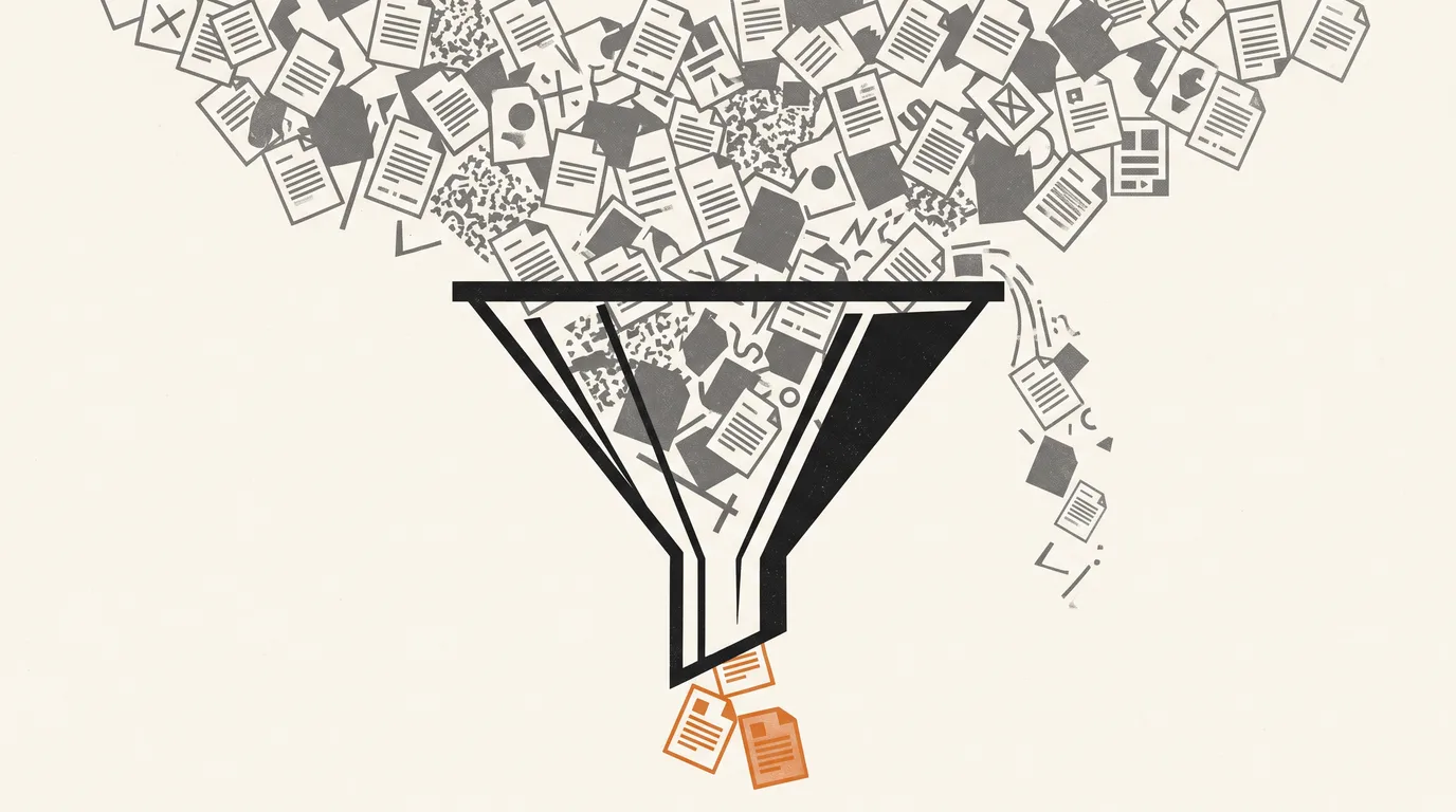 A funnel filtering a chaotic cloud of gray documents down to a few critical orange ones.