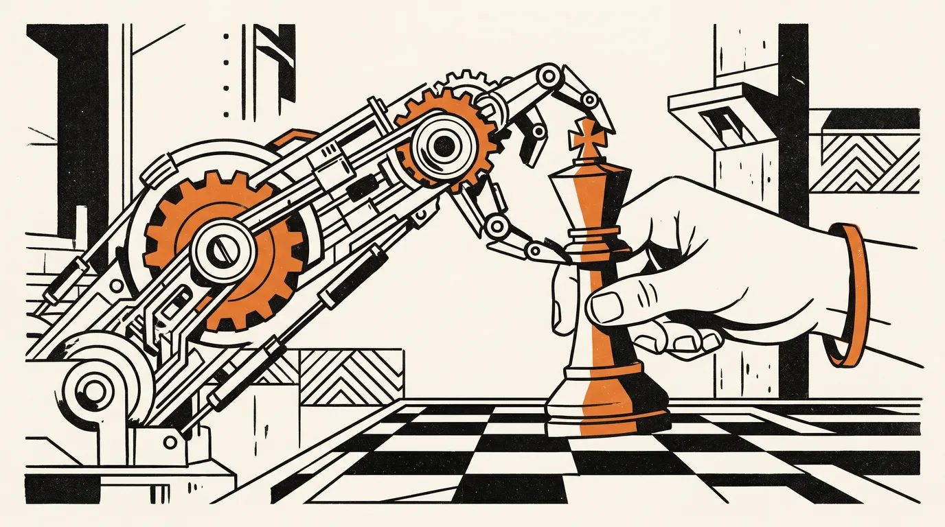 A robotic gear-driven arm handing off to a confident human hand making the decisive move on a chess board.