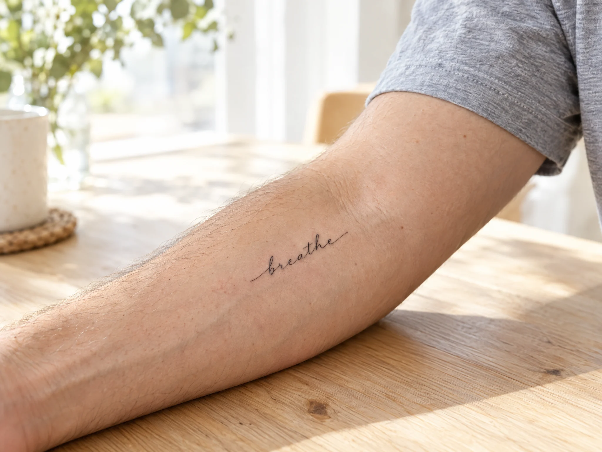 Script word breathe temporary tattoo on a forearm