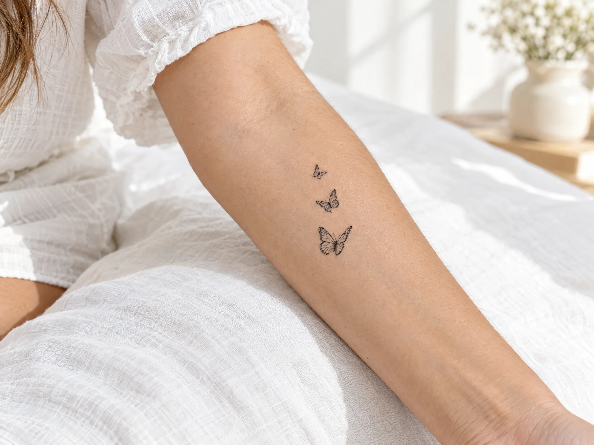 Three small fine-line butterfly temporary tattoos on an inner forearm