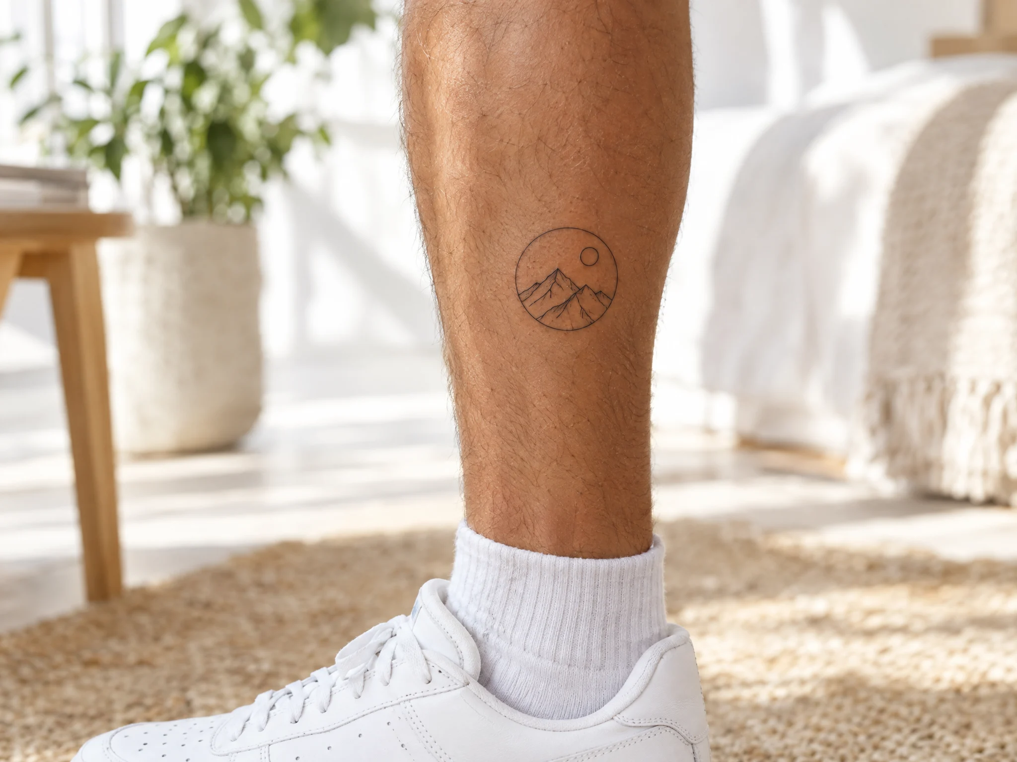 Geometric mountain and sun temporary tattoo inside a circle on a calf