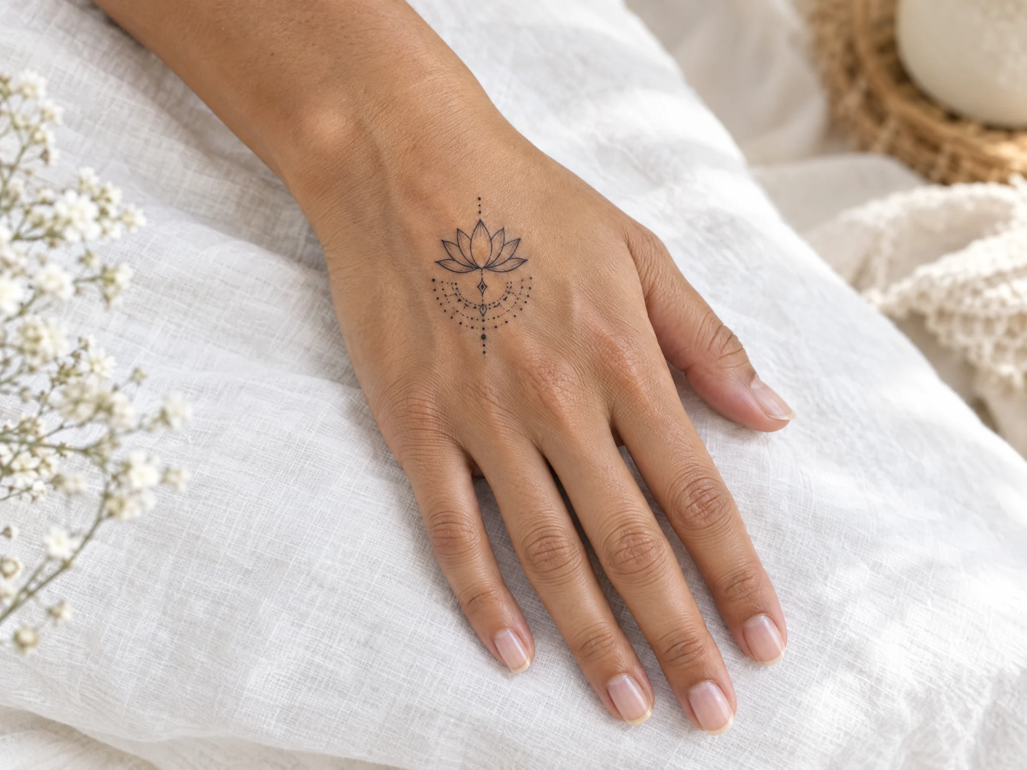Lotus and dotwork mandala temporary tattoo on the back of a hand