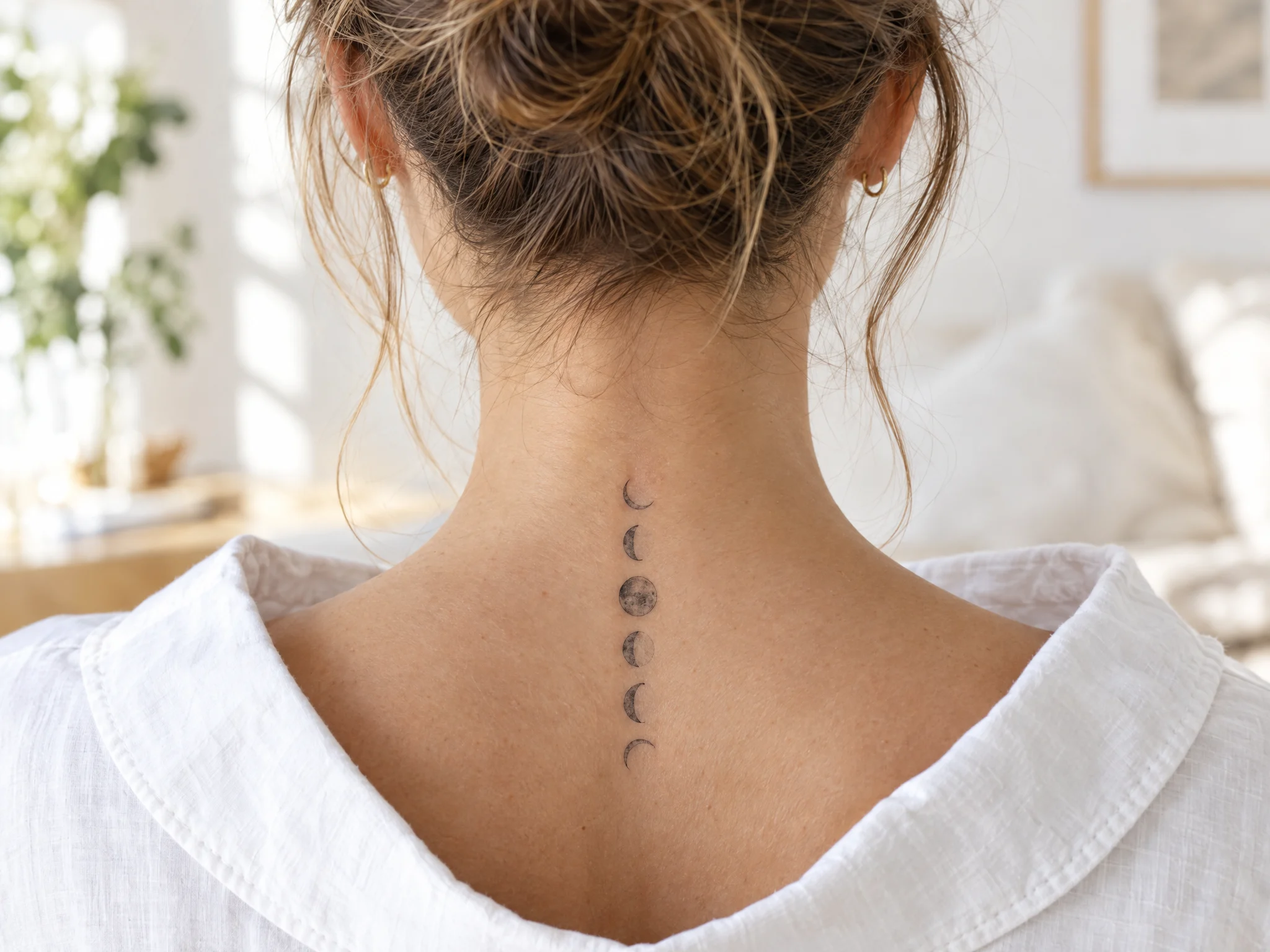 Moon phases temporary tattoo down the back of the neck