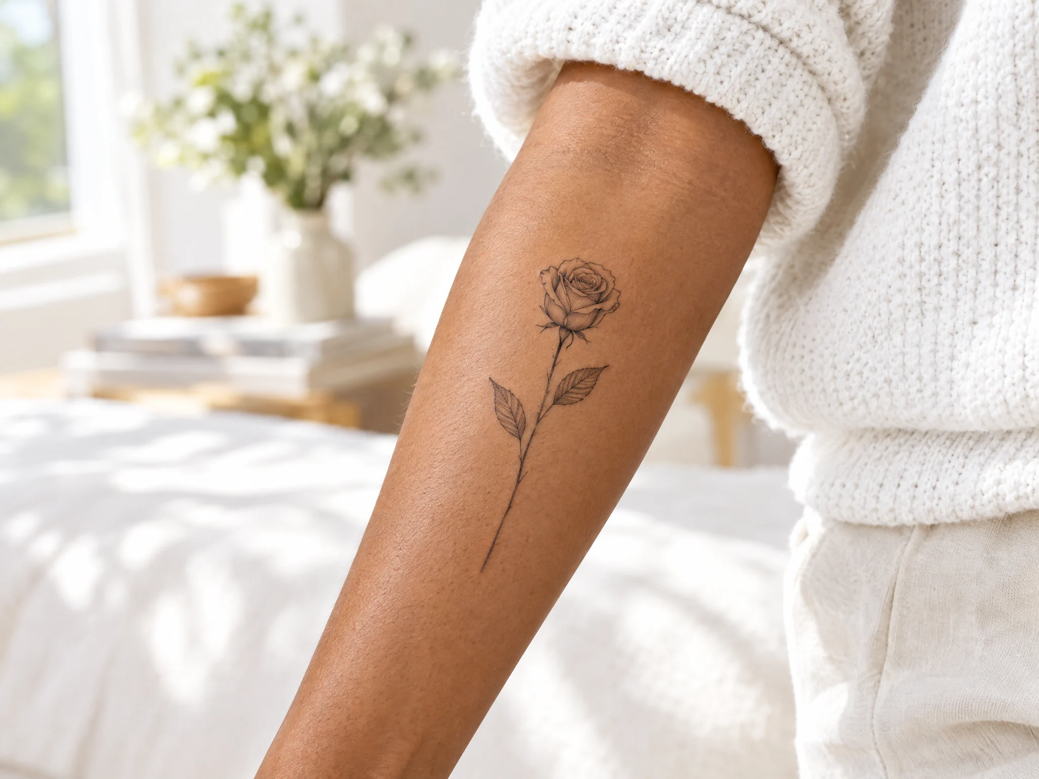 Fine-line long stem rose temporary tattoo on a forearm