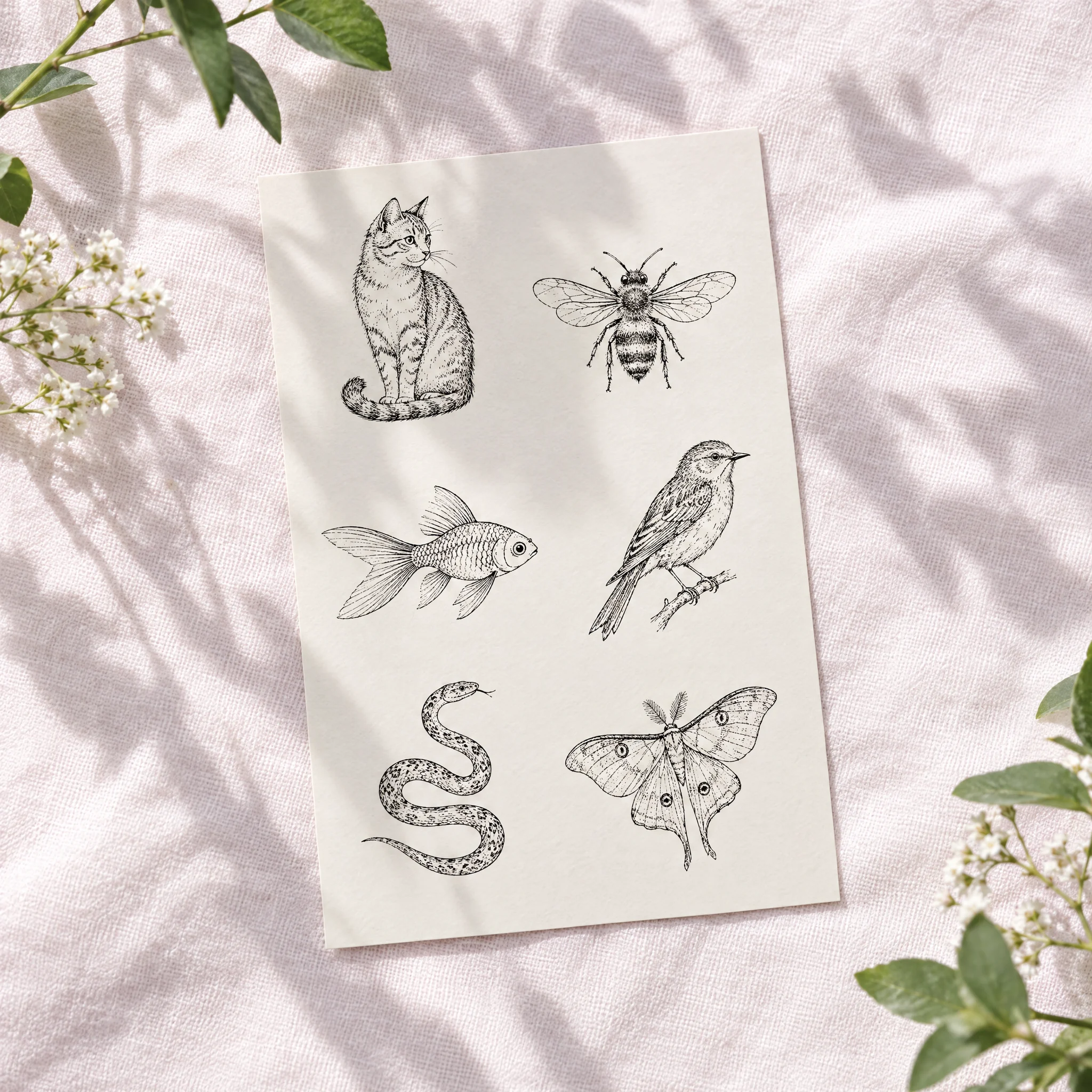 Sheet of fine-line animal temporary tattoos: cat, bee, goldfish, bird, snake and moth