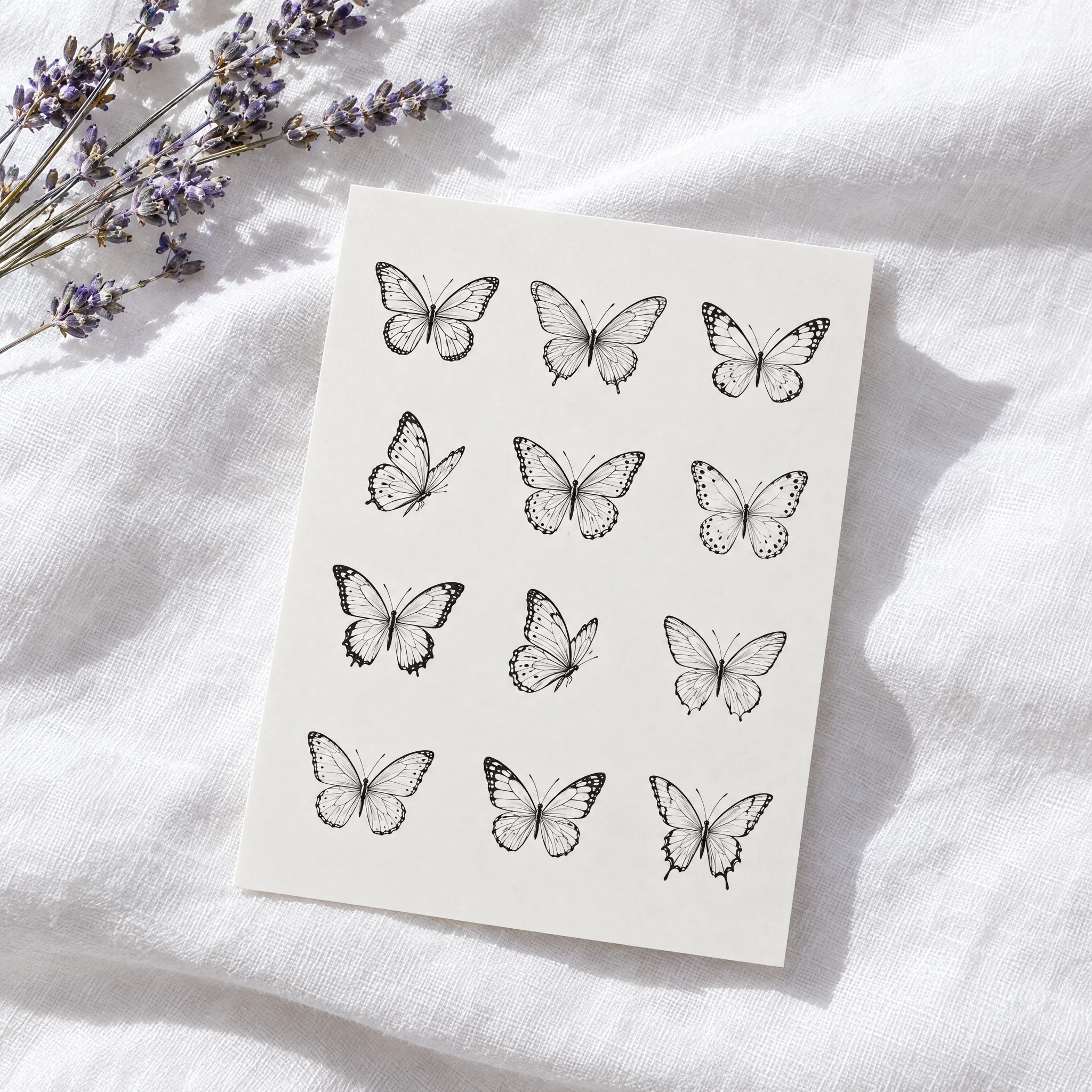 Sheet of fine-line butterfly temporary tattoos on white linen with lavender
