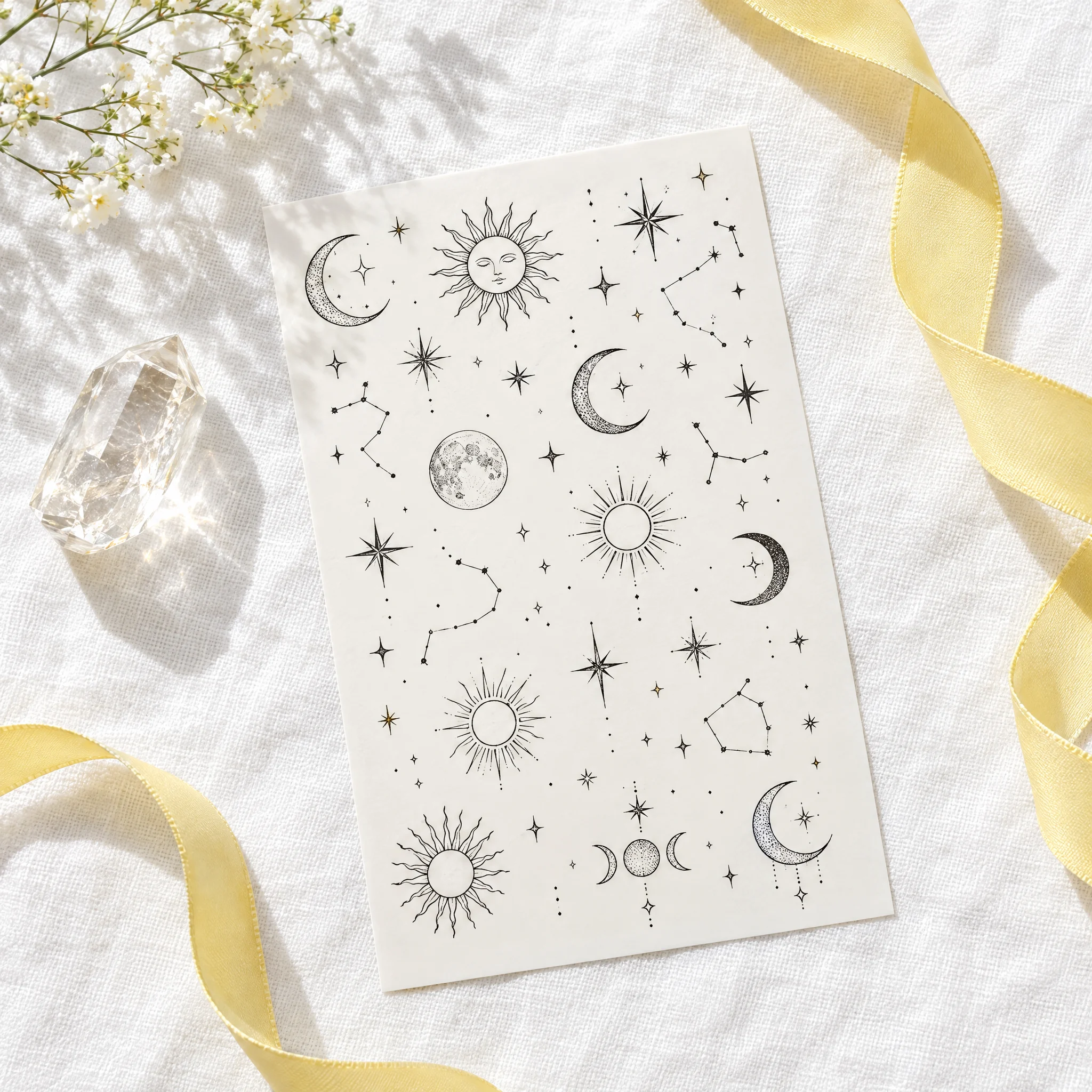 Sheet of fine-line moon, sun, star and constellation temporary tattoos with a yellow ribbon