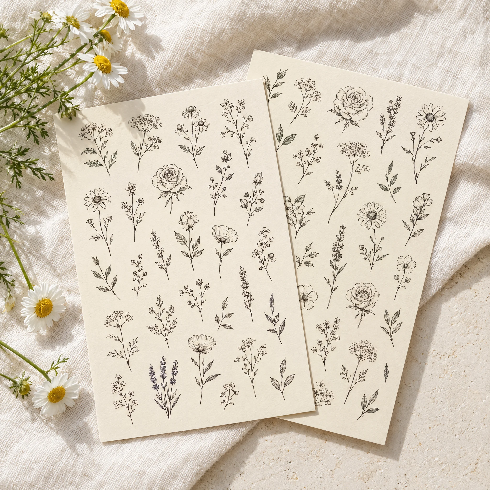 Two sheets of fine-line wildflower temporary tattoos beside chamomile