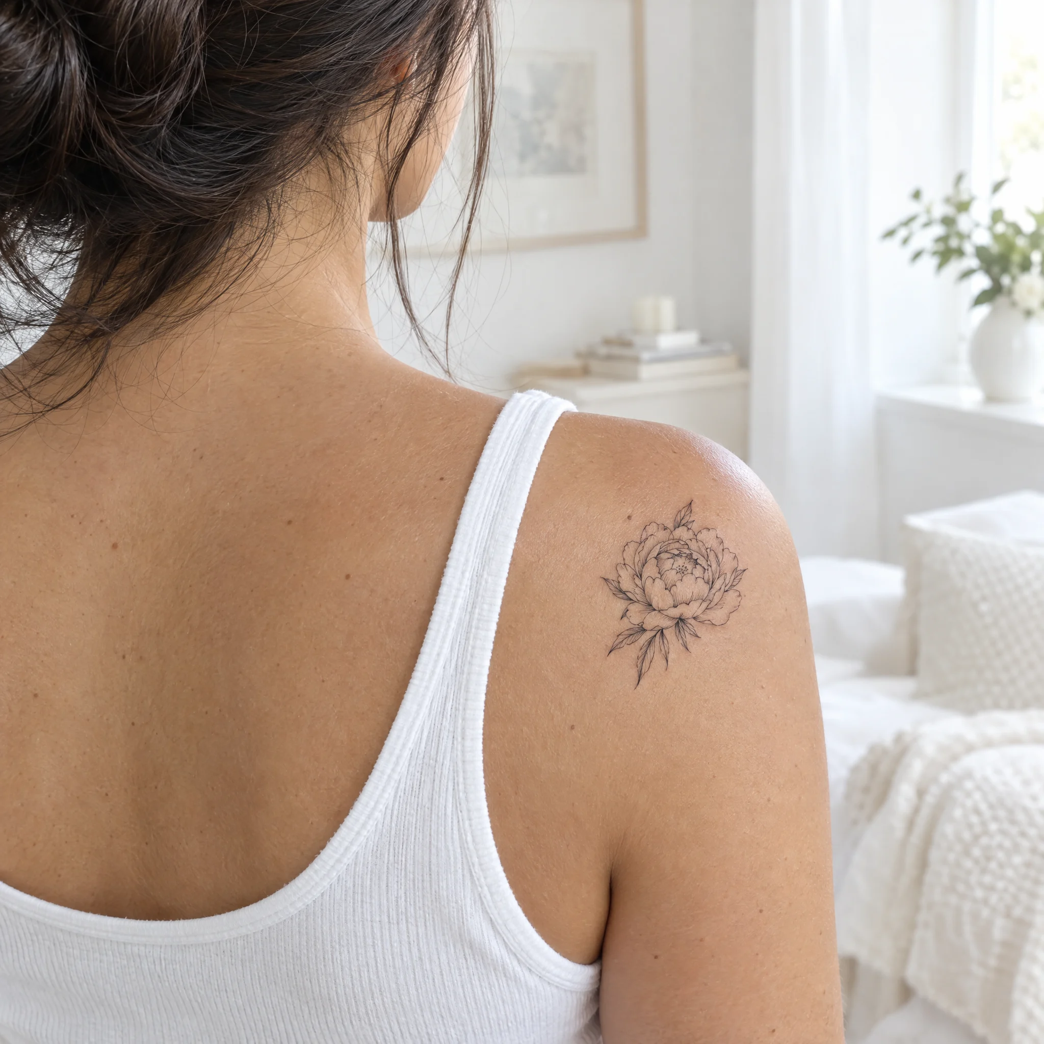 Fine-line peony temporary tattoo on the back of a shoulder