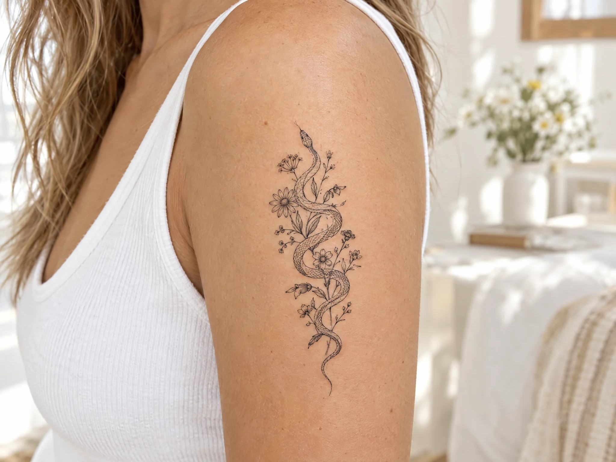 Fine-line snake and wildflower temporary tattoo on an upper arm