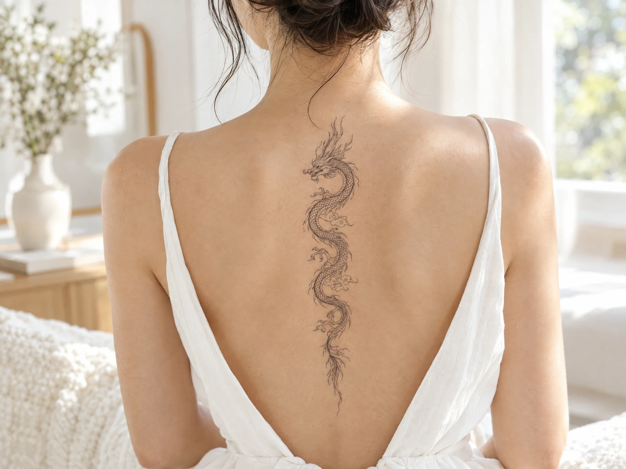 Fine-line dragon temporary tattoo running down the upper back