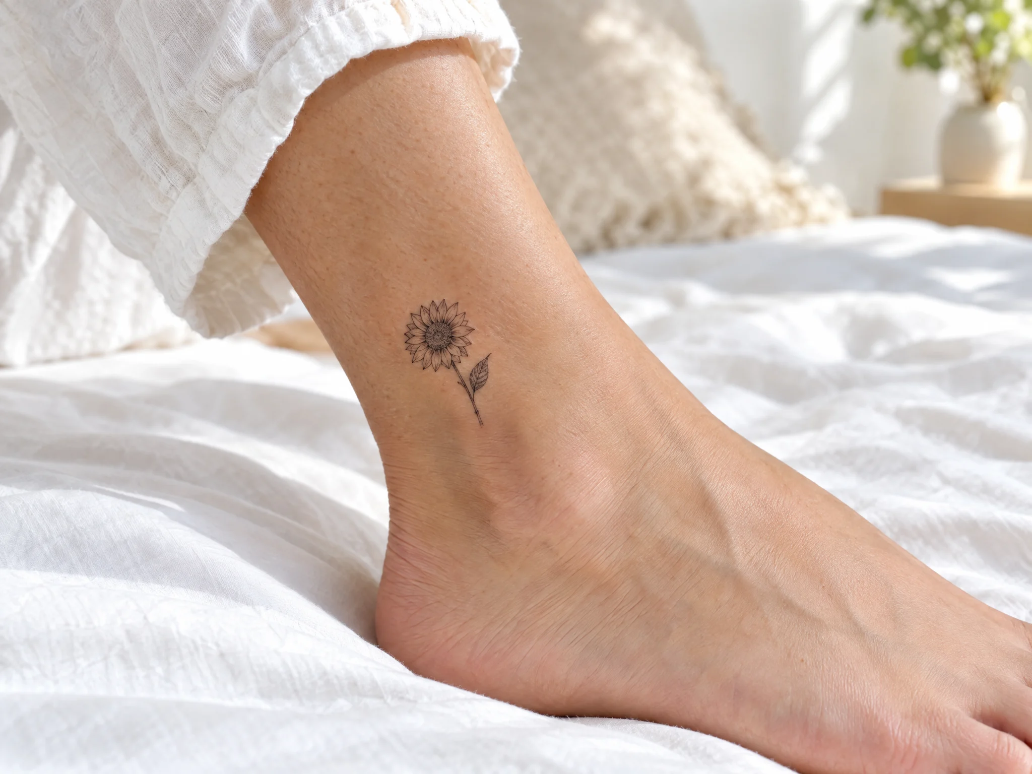 Small fine-line sunflower temporary tattoo on an outer ankle