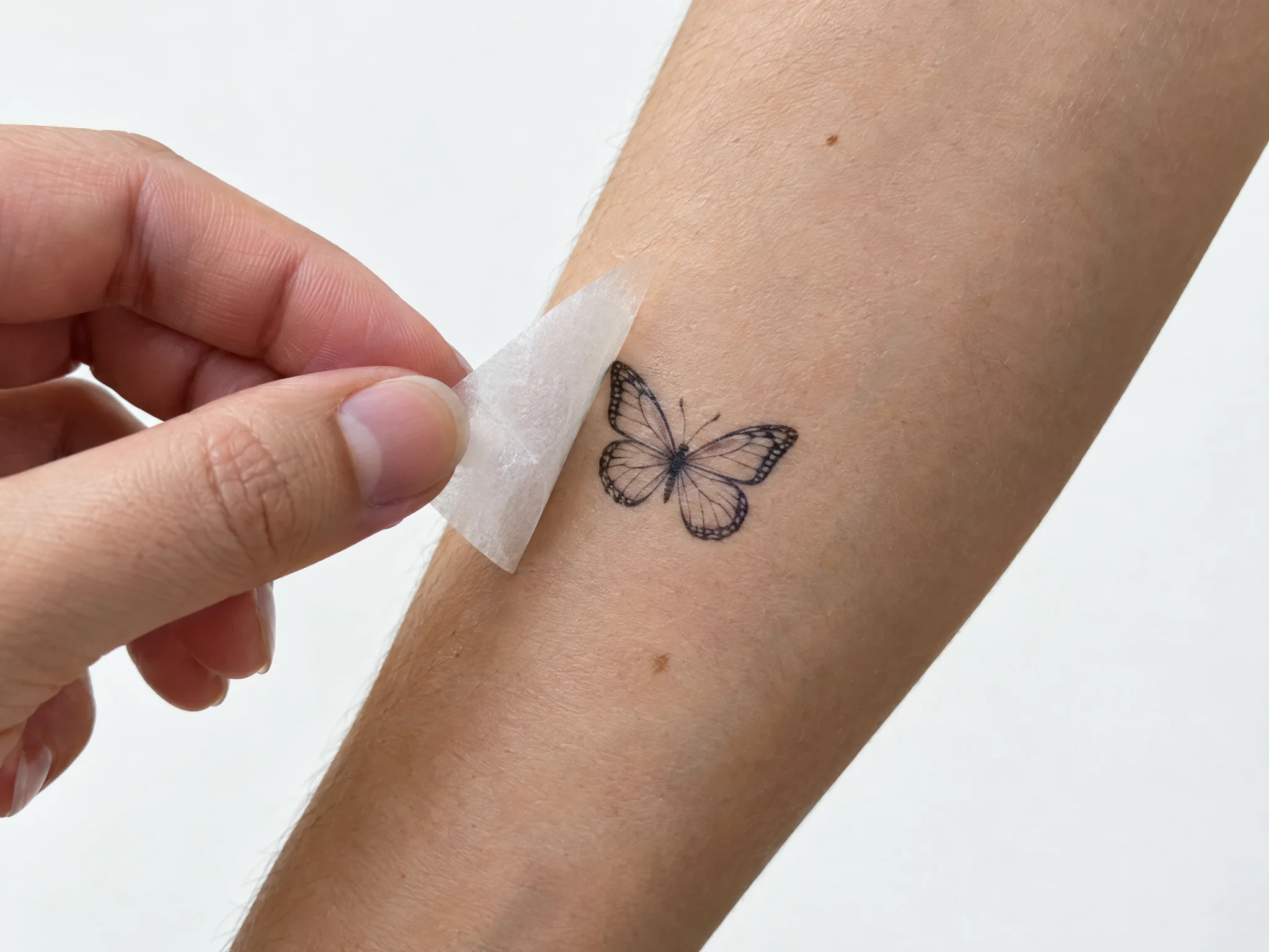 Fingers peeling backing paper away to reveal a butterfly temporary tattoo on the forearm