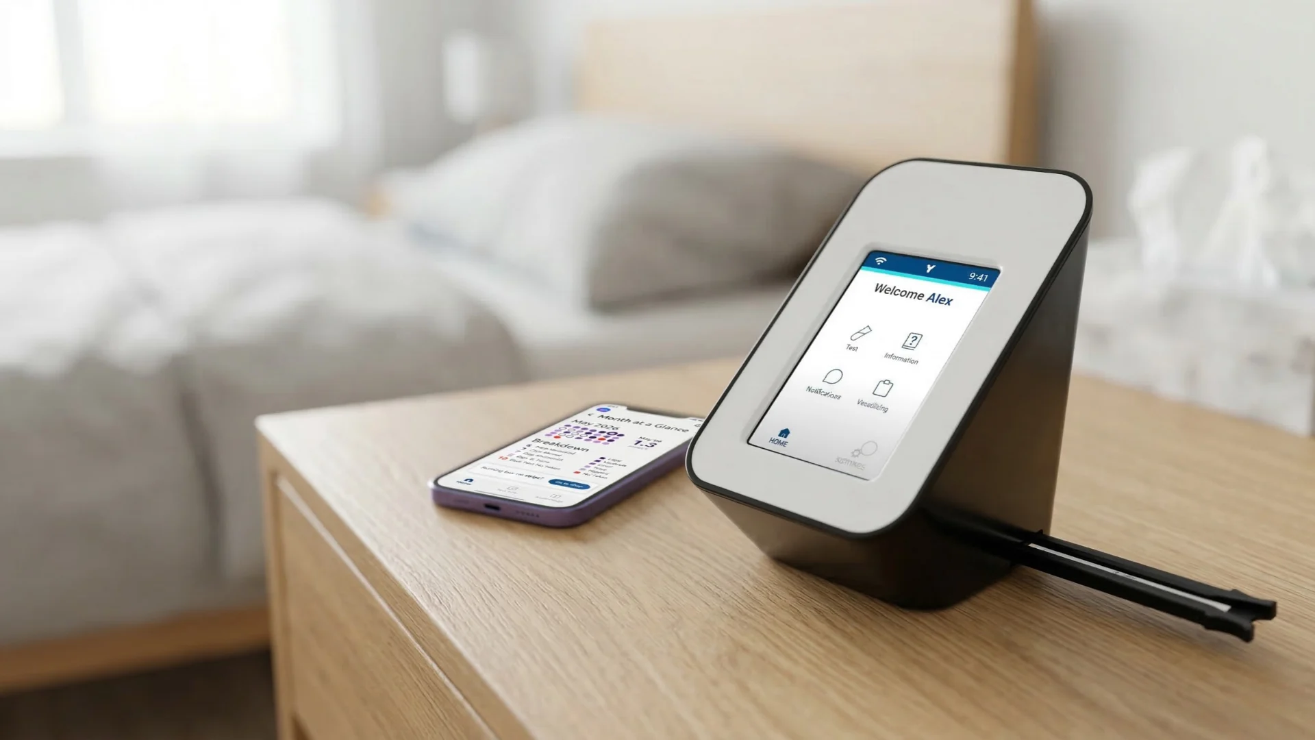 BodyCheck reader and companion app on a bedside table
