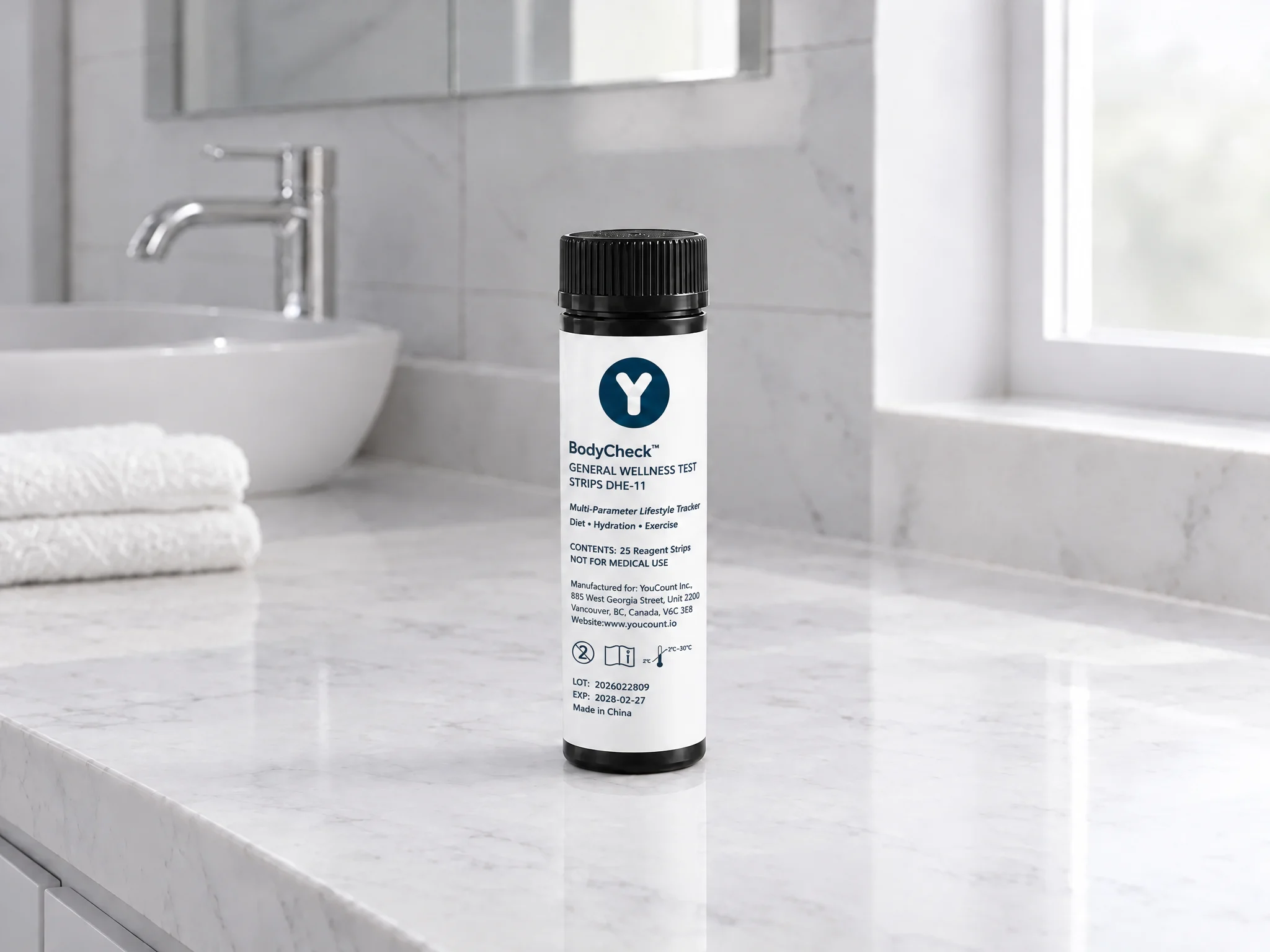 BodyCheck additional test-strip bottle mockup on a bathroom counter
