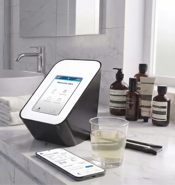BodyCheck device and companion app in a home bathroom setting