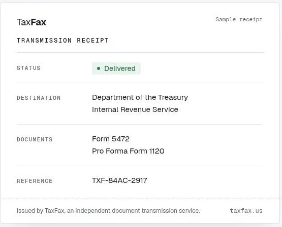 Sample TaxFax transmission receipt showing delivery status, destination, submitted forms and reference number. This is a sample receipt, not confirmation that the IRS accepted a filing.