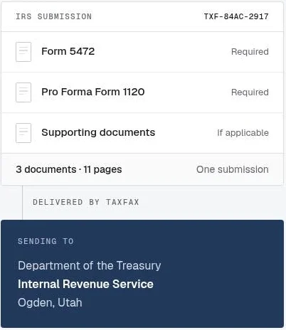 Sample TaxFax package containing Form 5472, pro forma Form 1120 and supporting documents, sent to the IRS in Ogden, Utah.
