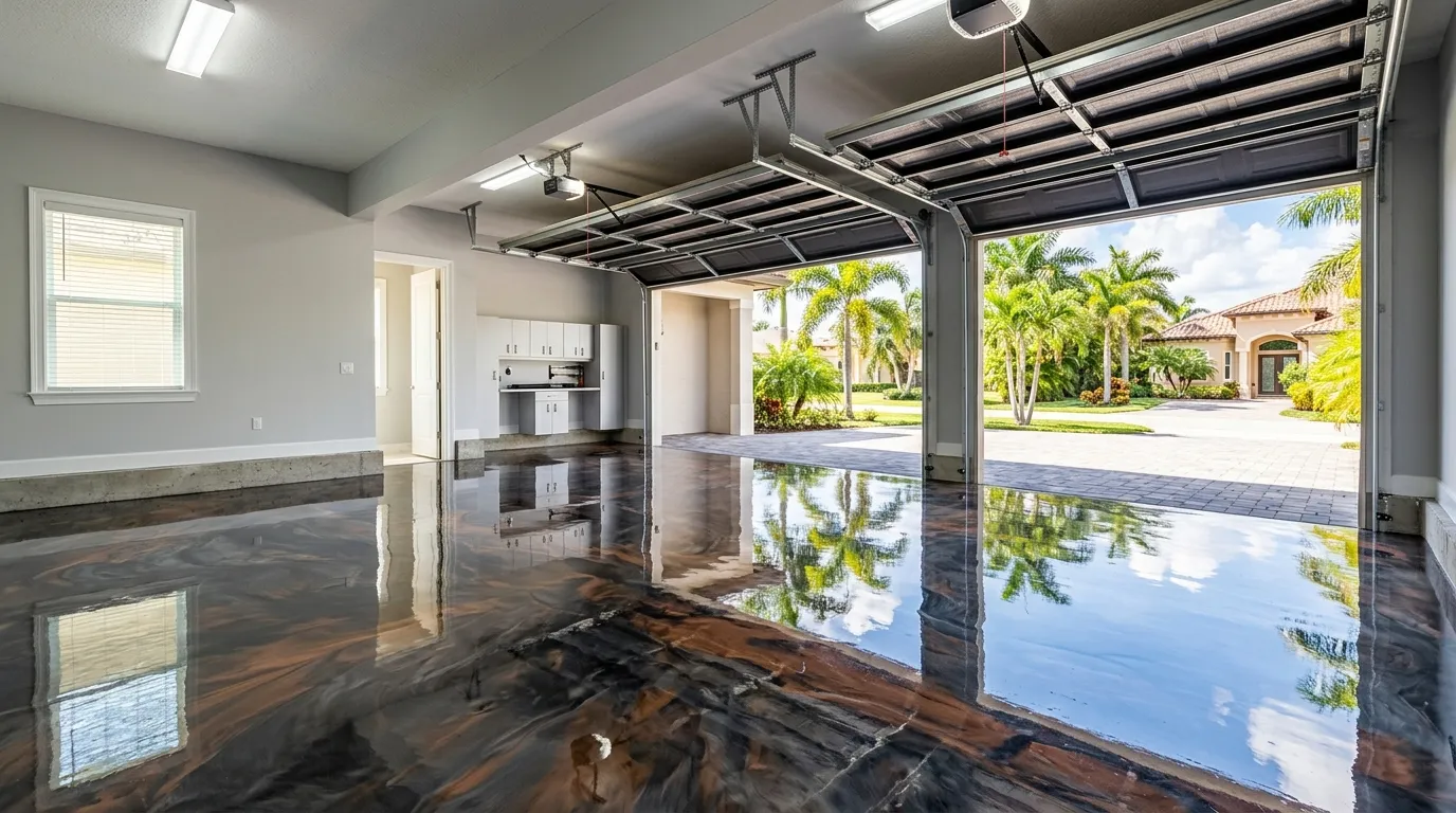 High-gloss metallic shoreline epoxy garage floor in a Fort Myers home