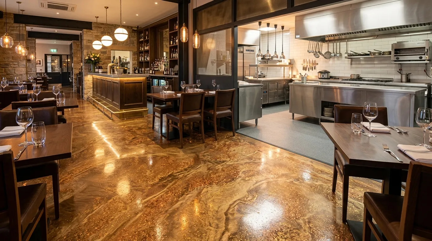 Decorative flake dining-room floor transitioning to a slip-resistant restaurant kitchen