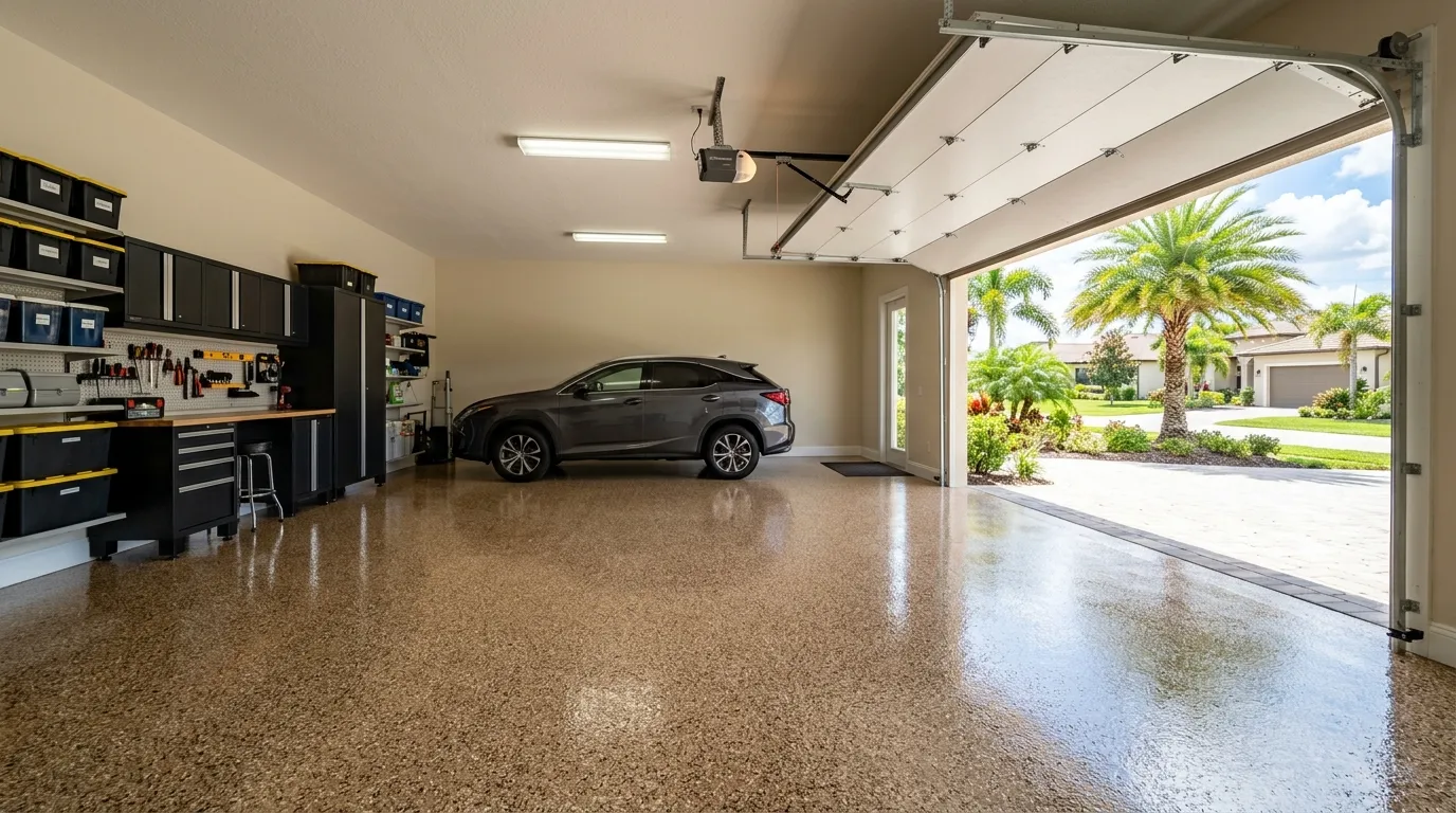 Freshly coated flake garage floor epoxy in a Fort Myers, FL home, glossy and seamless