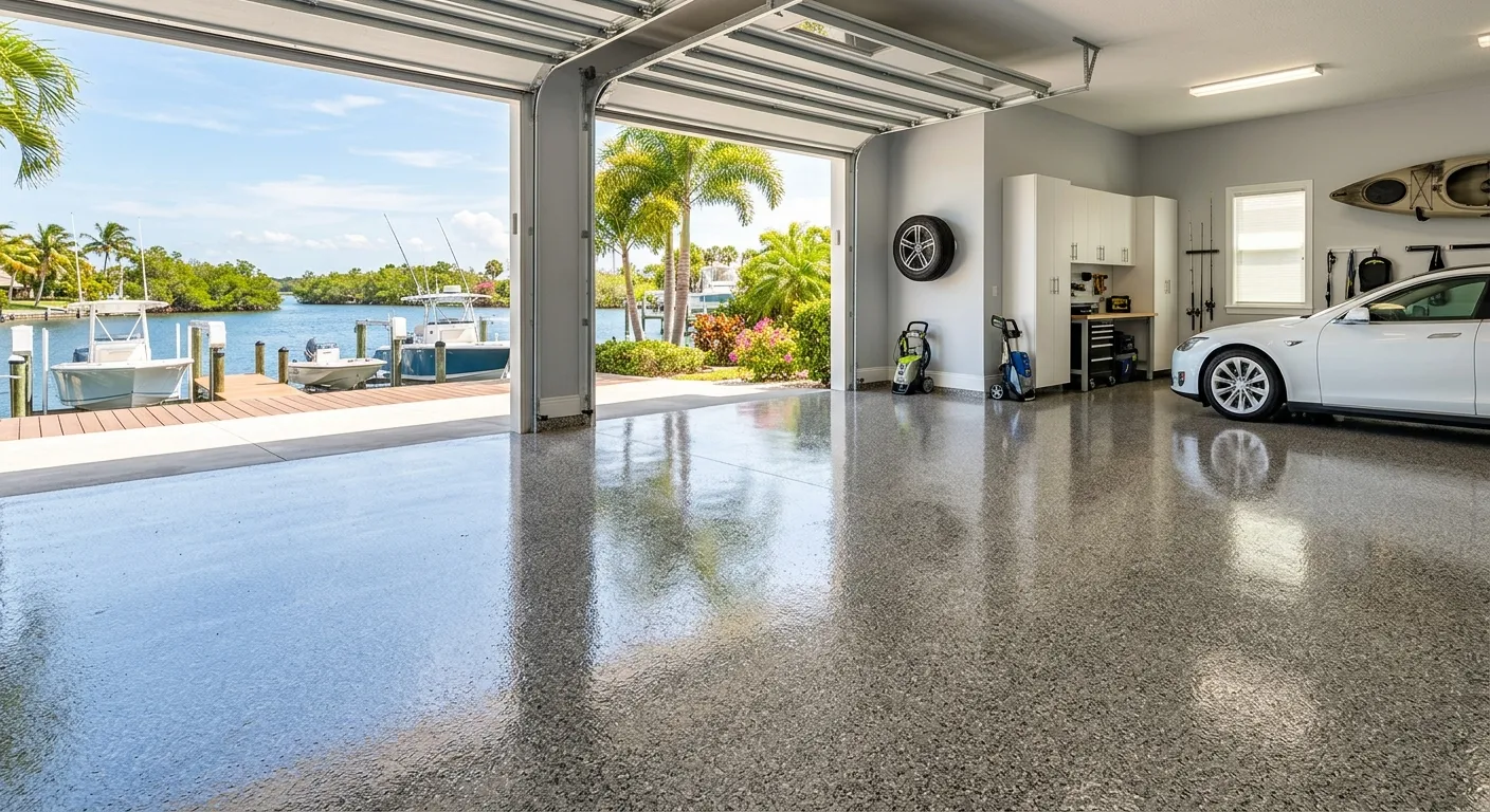 High-gloss decorative flake epoxy garage floor in a Punta Gorda, FL waterfront home