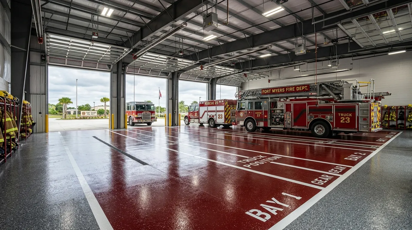 Glossy load-rated apparatus-bay floor with bay-number line marking in a Fort Myers firehouse