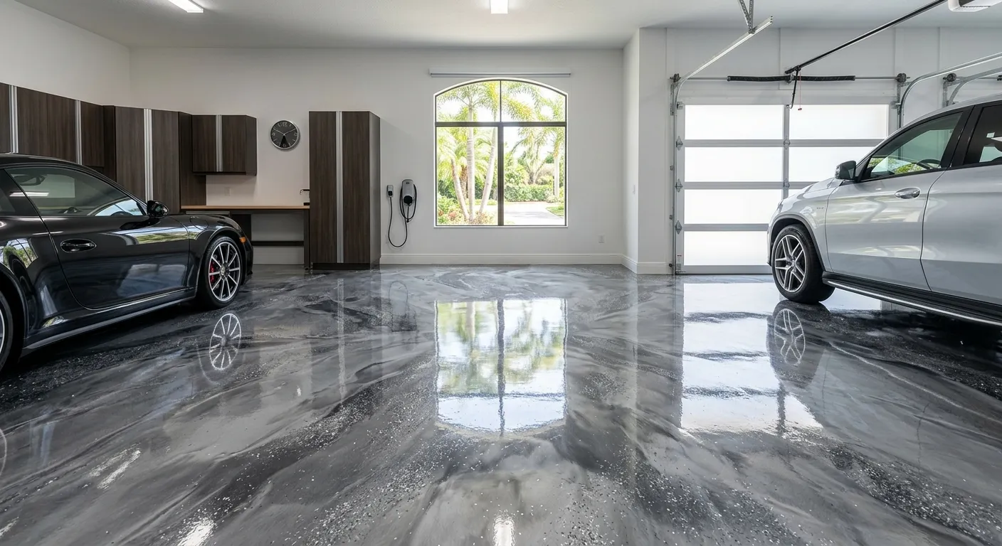 Glossy flake-epoxy garage floor in a newer Estero, Florida home
